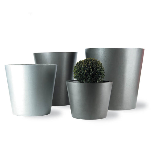Grey round planters. Geo style tapered round fibreglass planter in a faux lead grey finish or light grey aluminium metallic finish