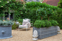 Load image into Gallery viewer, Traditional large Downing Street trough planters in faux lead finish made in the UK from lightweight fibreglass